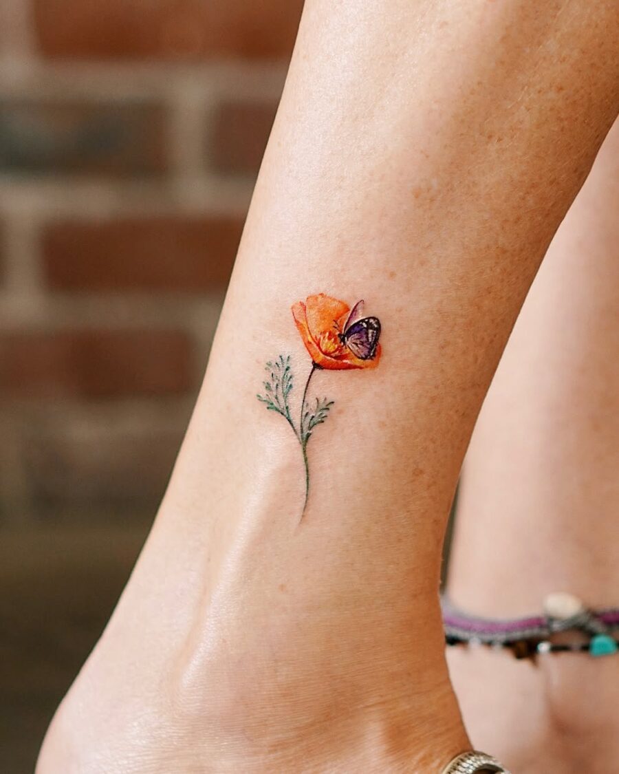 Whimsical poppy and butterfly ankle tattoo design