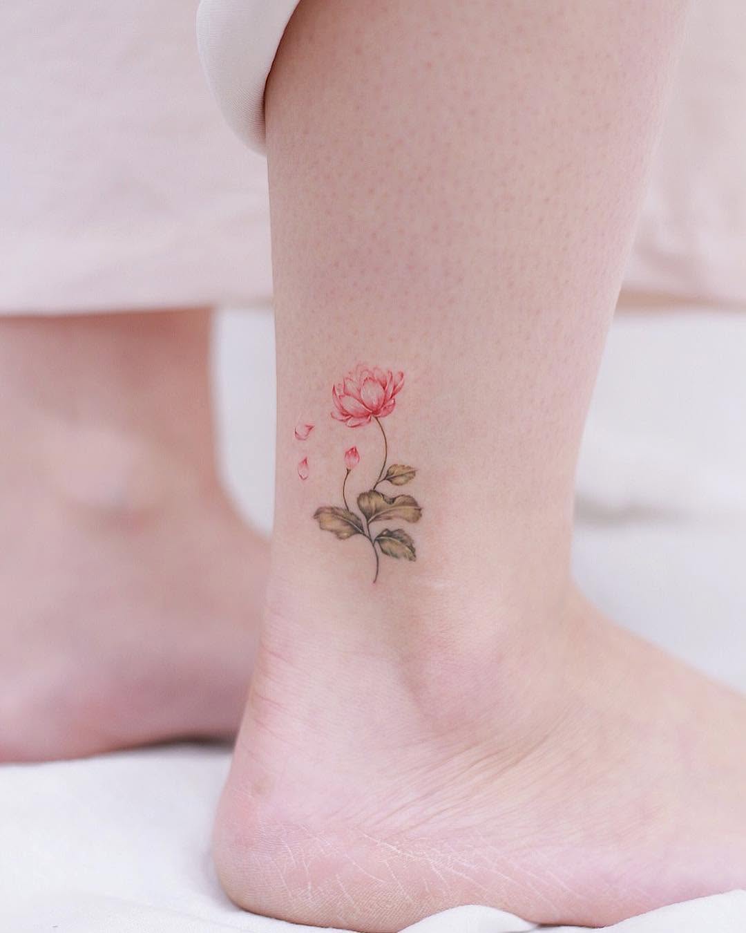 Delicate pink rose ankle tattoo design