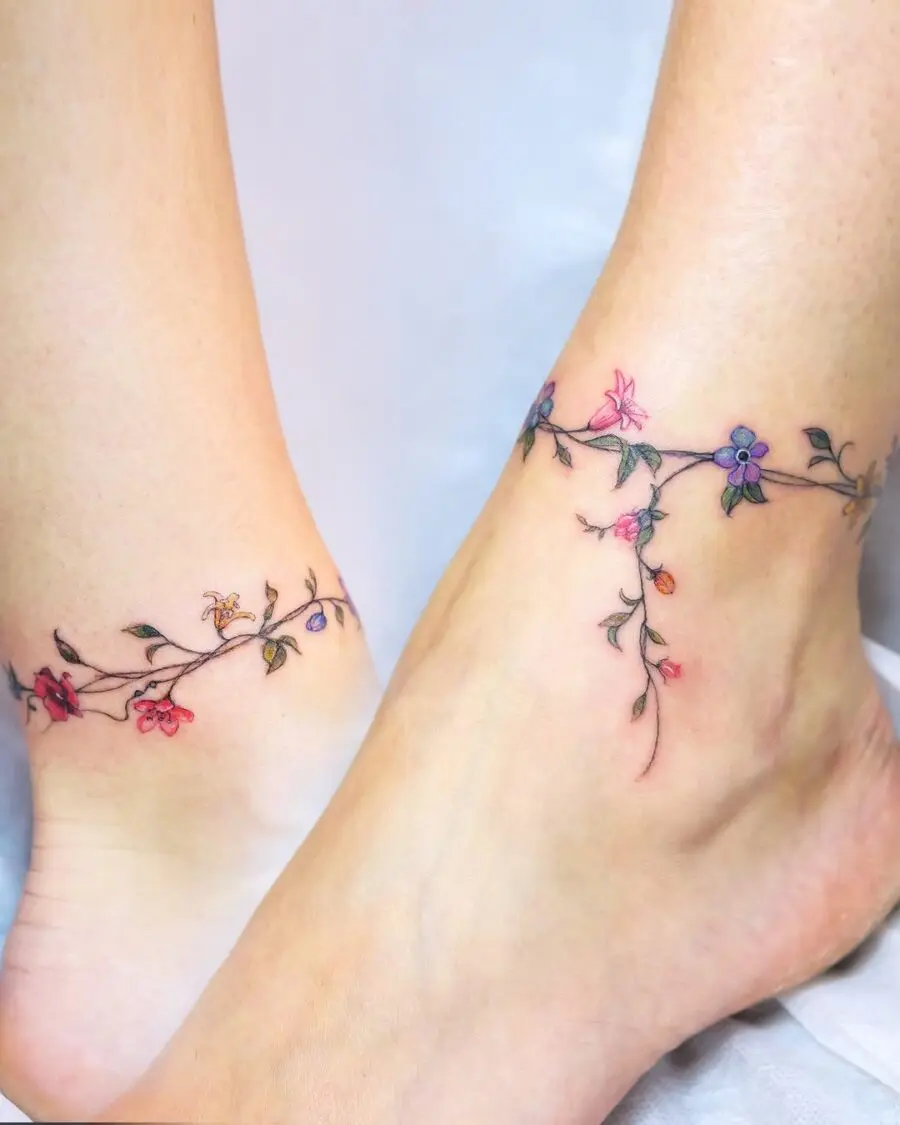 Delicate floral vines gracefully wrap around ankle
