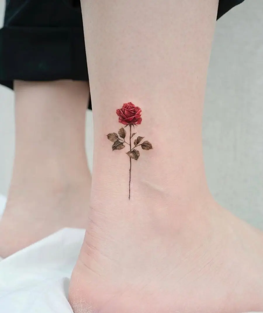 Elegant Red Rose Ankle Tattoo Design