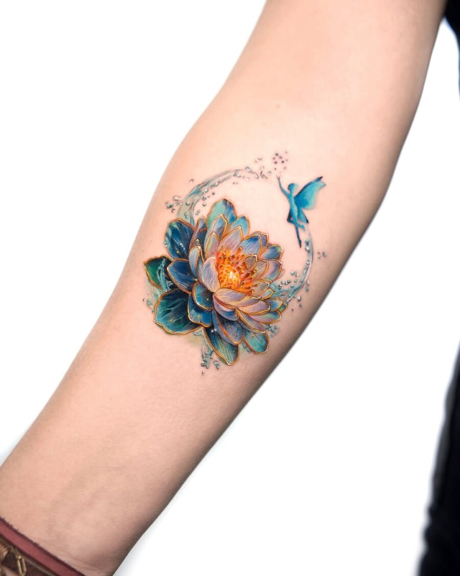 Elegant lotus tattoo filled with vibrant colors