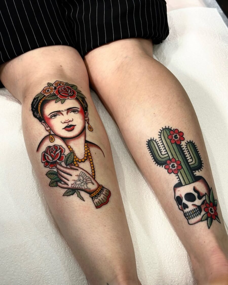 Vibrant Frida Kahlo and Cactus Tattoo Design