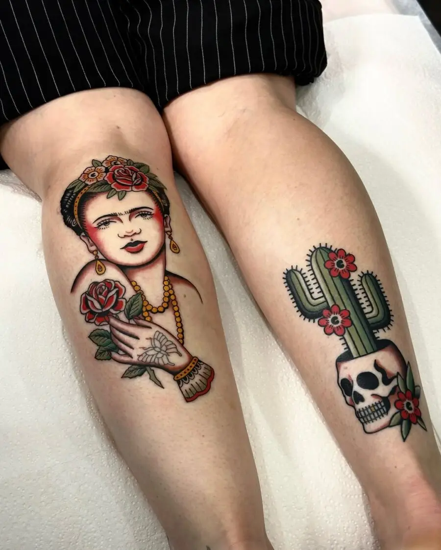 Vibrant Frida Kahlo and Cactus Tattoo Design