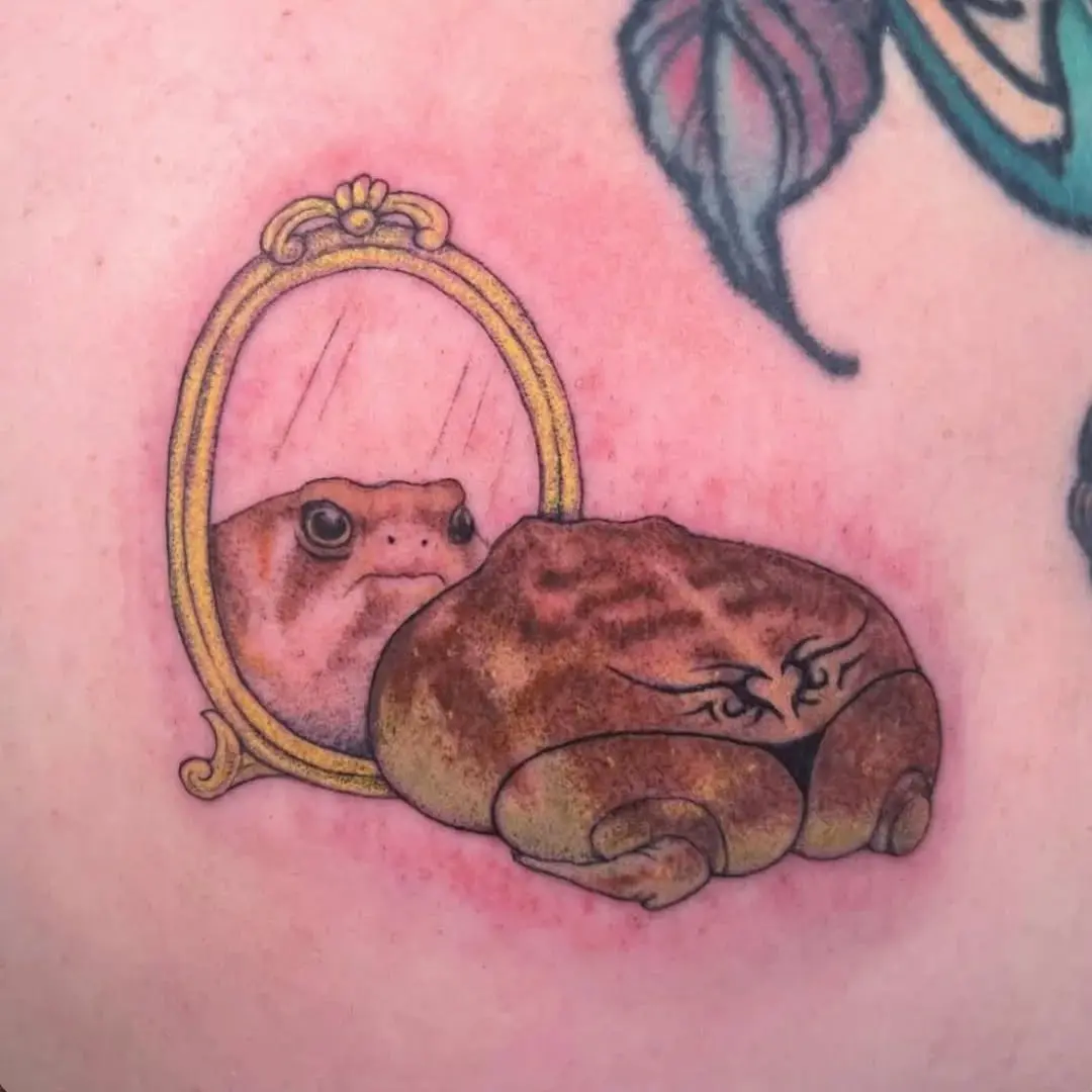 A quirky frog reflects in a stylish mirror