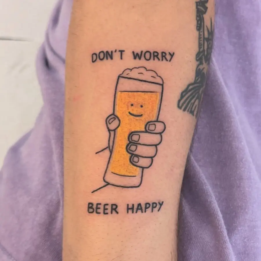 Humorous Beer-Themed Tattoo with Uplifting Message