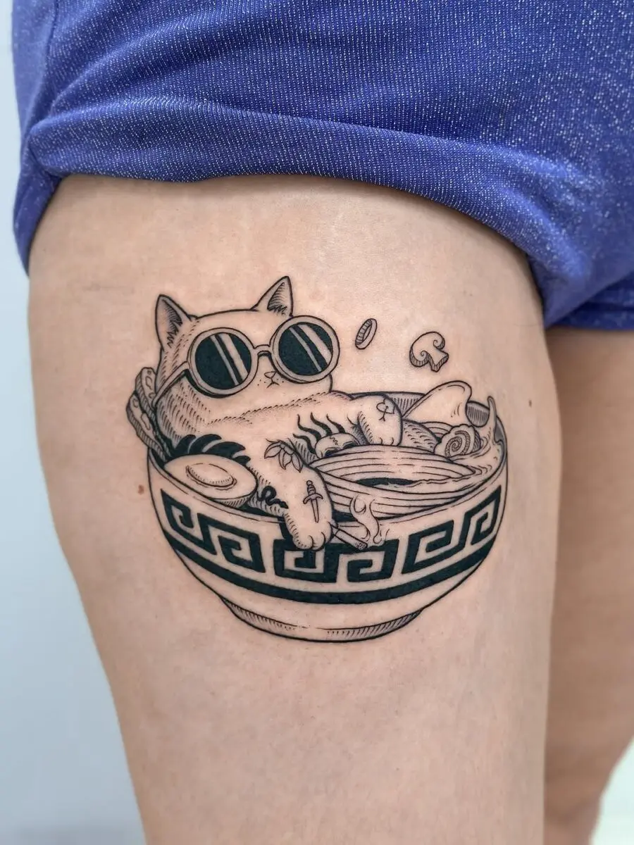 A humorous feline lounging in noodles