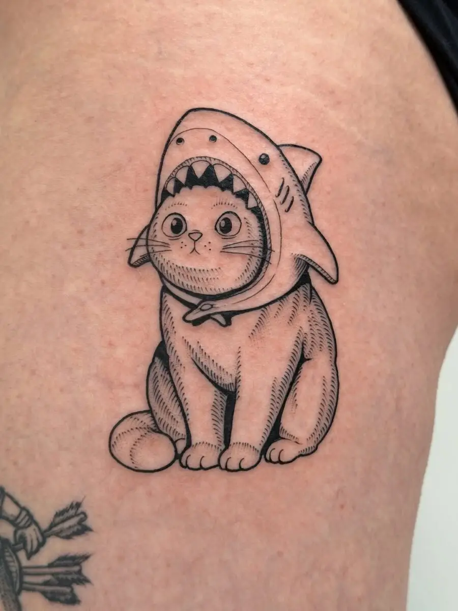 Adorable cat chilling in a shark costume