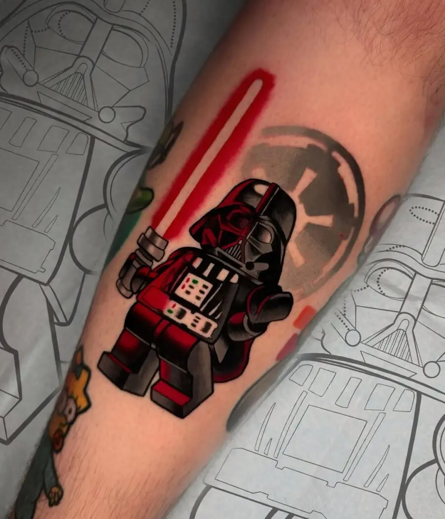 Humorous LEGO-style Darth Vader tattoo design