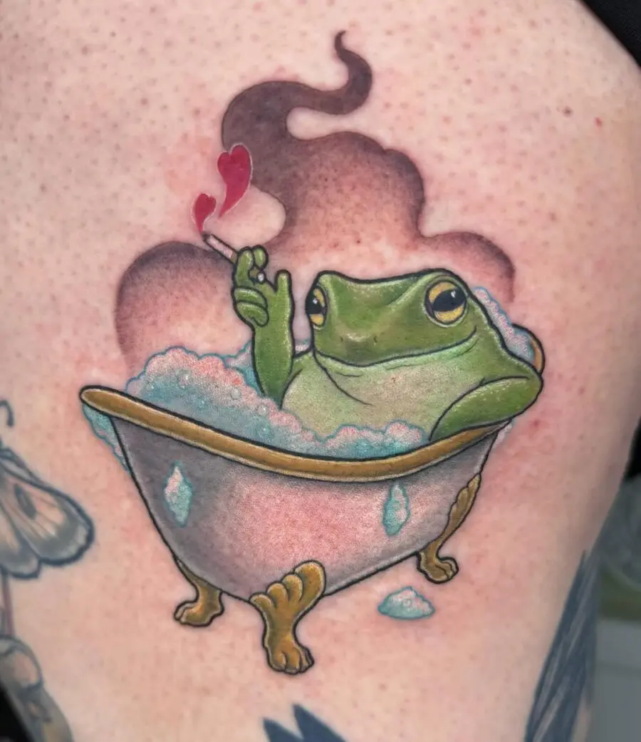 Whimsical Frog Enjoying a Bathtub Smoke