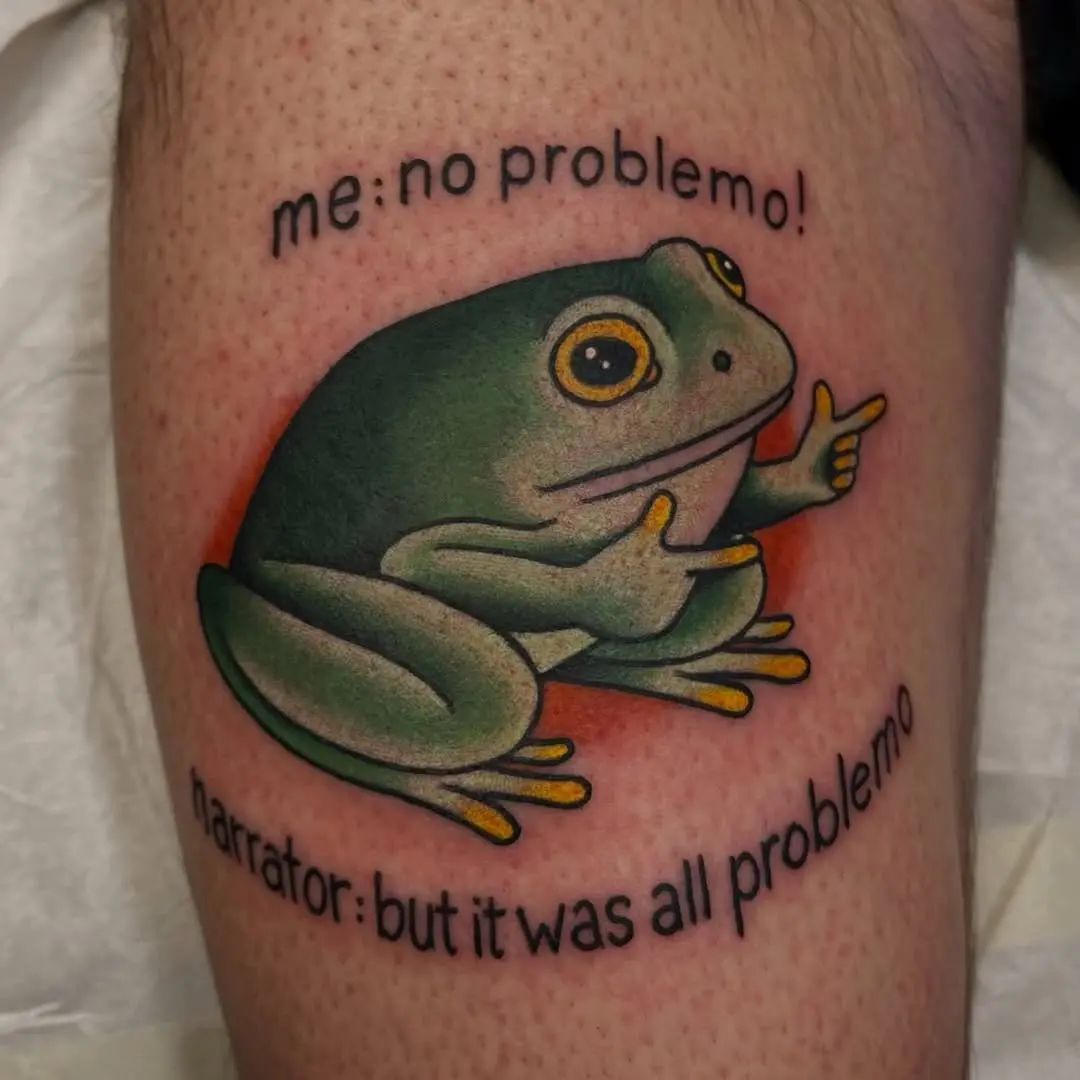 A humorous twist on a frog tattoo