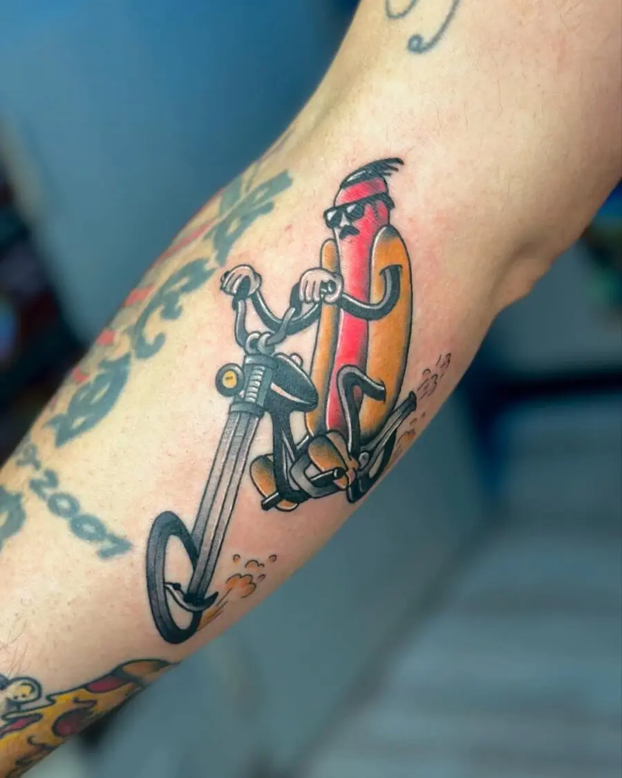 Whimsical hotdog enjoying a bike ride