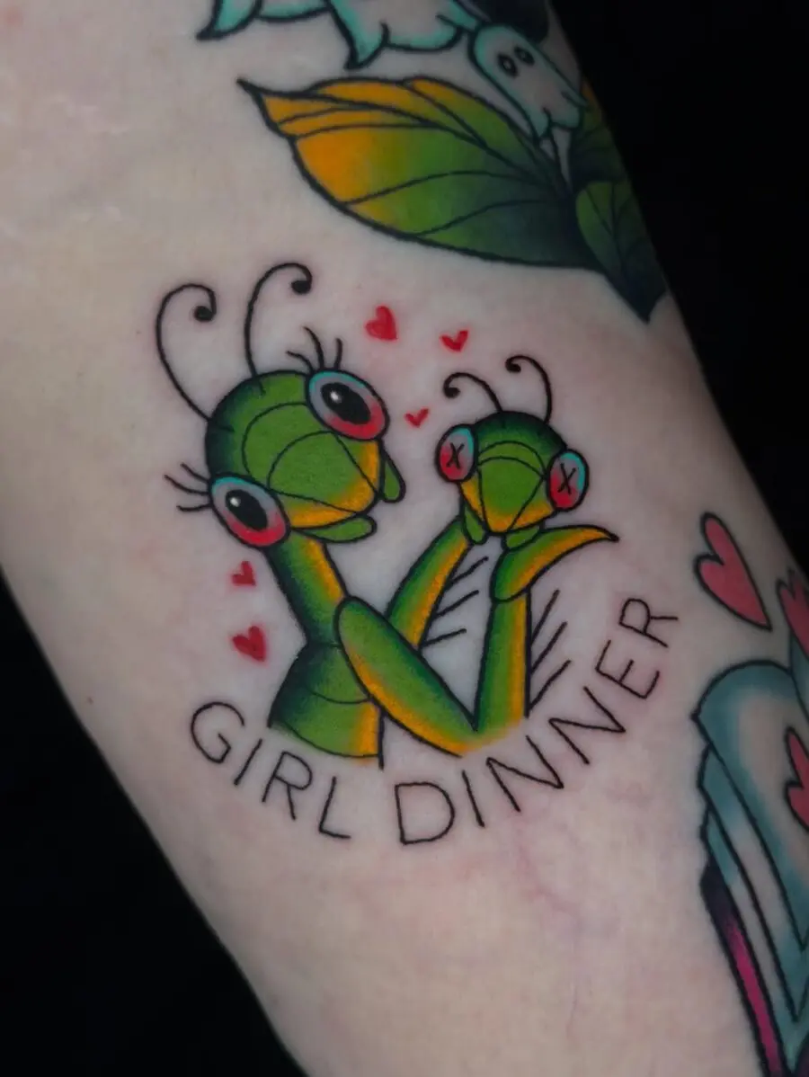 Quirky 'Girl Dinner' Mantis Tattoo Design