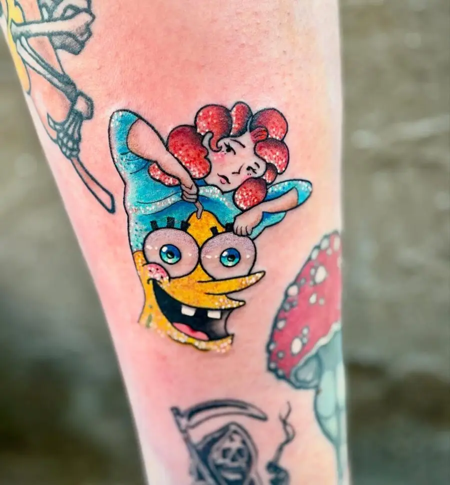 Hilarious cartoon tattoo with a quirky twist