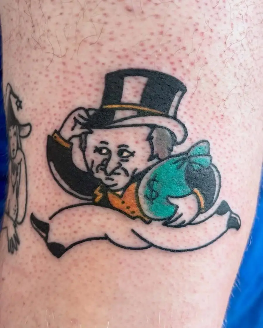 Whimsical Tattoo of a Money-Bagging Character