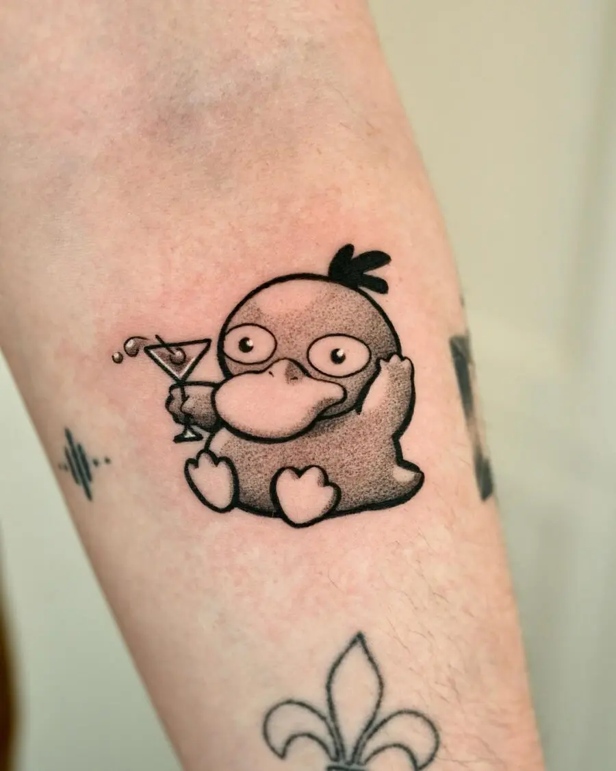 A quirky tattoo of a drinking duck