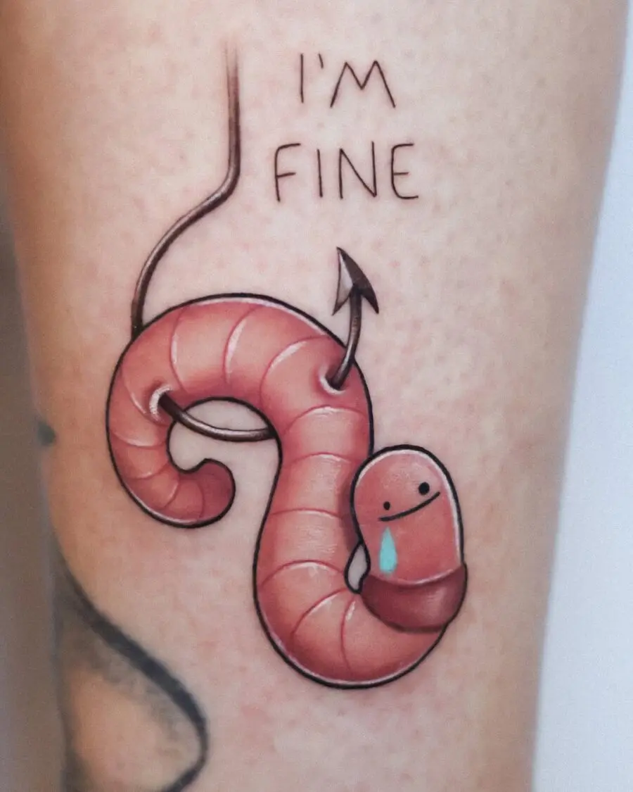 Cheerful worm tattoo with a message