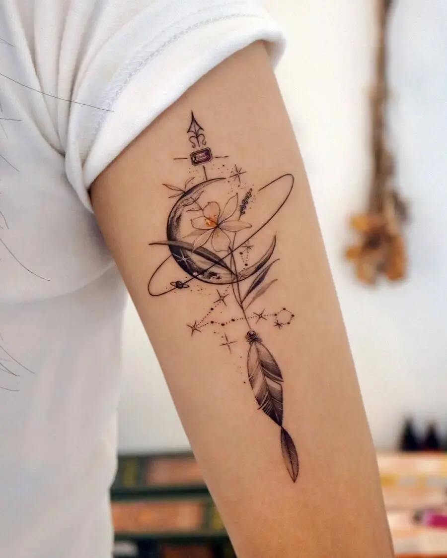 Elegant gardenia tattoo with cosmic elements
