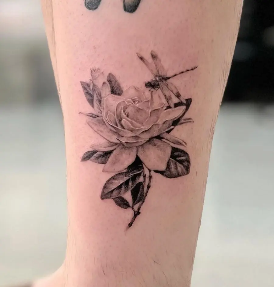 Stunning Realistic Gardenia Tattoo with Dragonfly