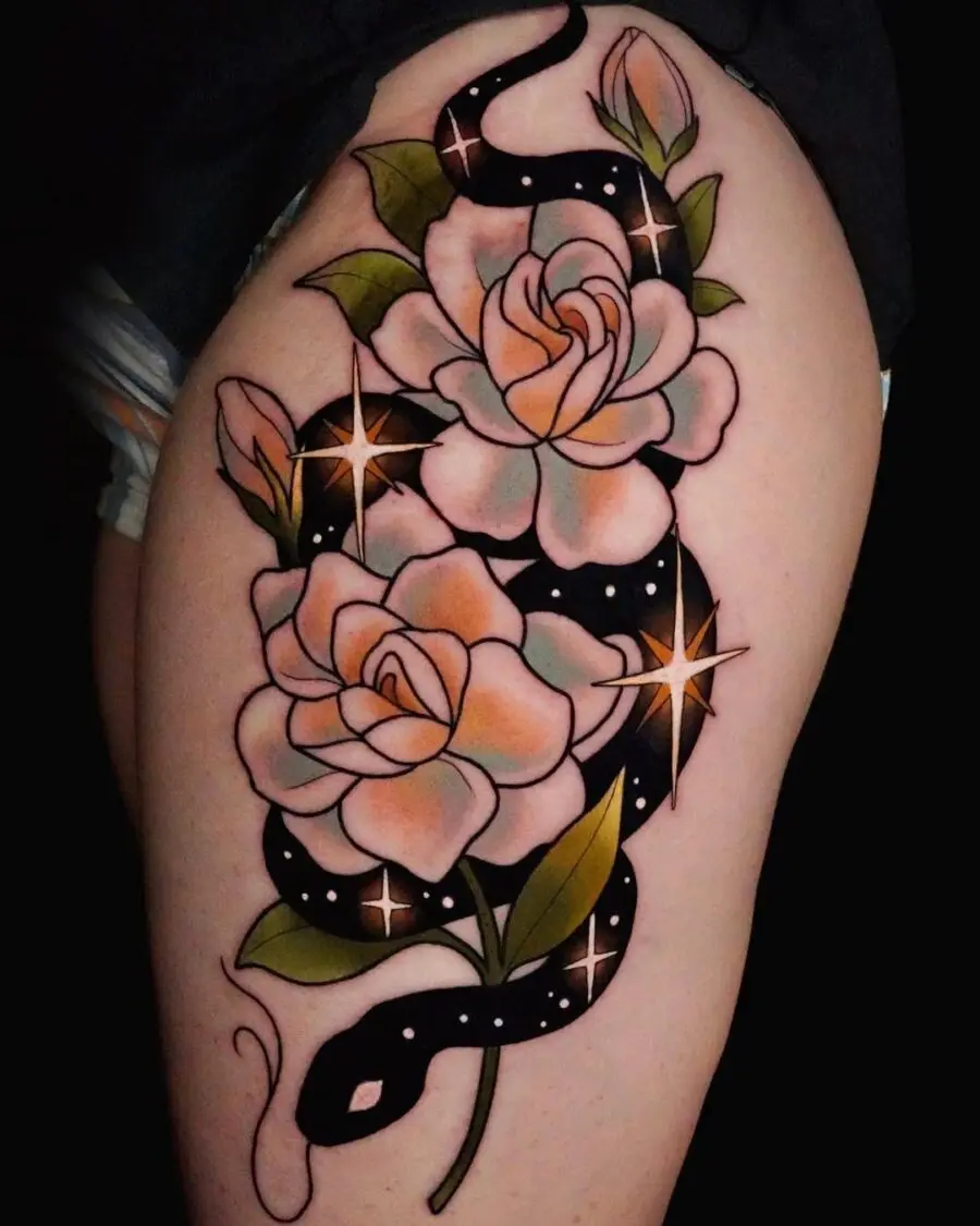 Striking gardenia and snake tattoo design