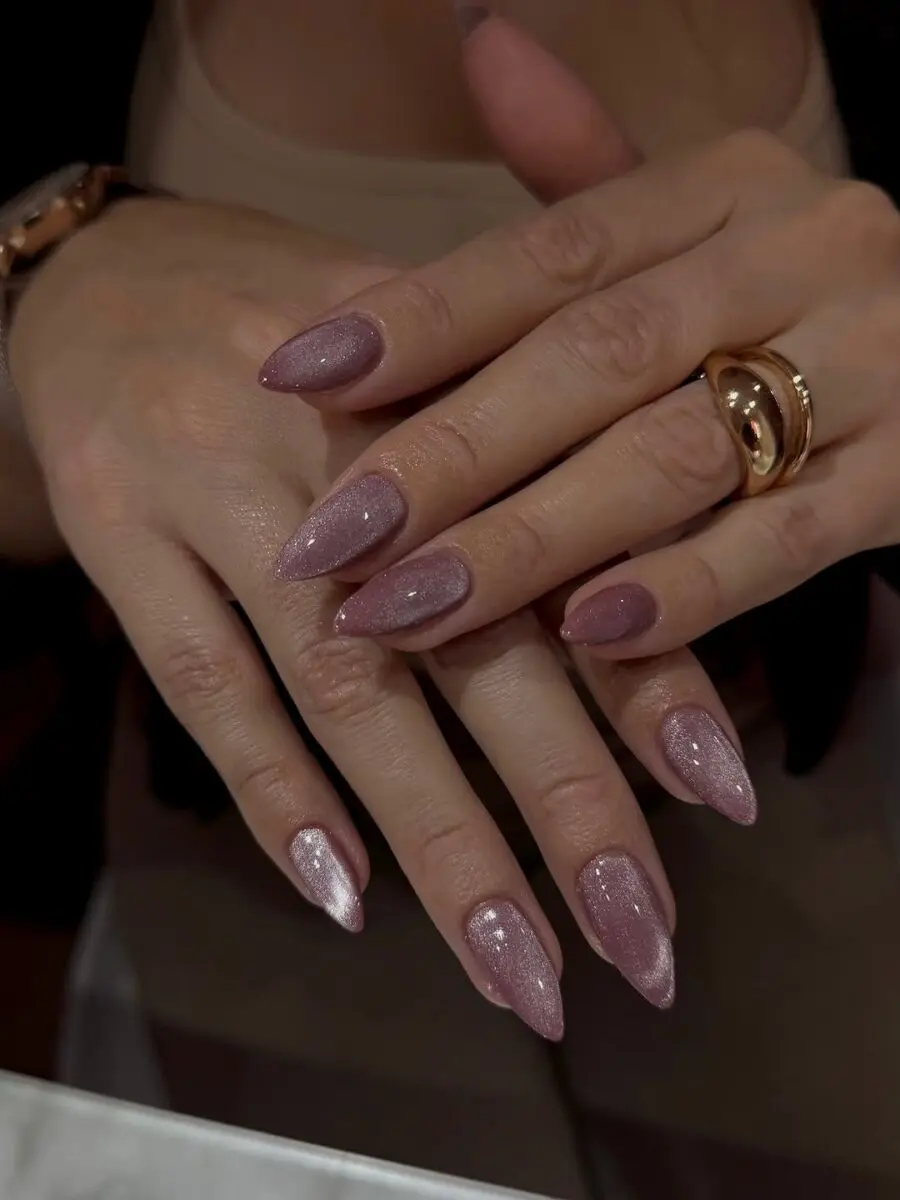 Stylish glittery pink velvet nails on display