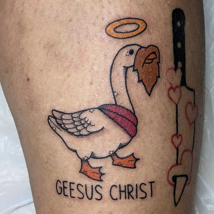 A whimsical goose with a heavenly twist