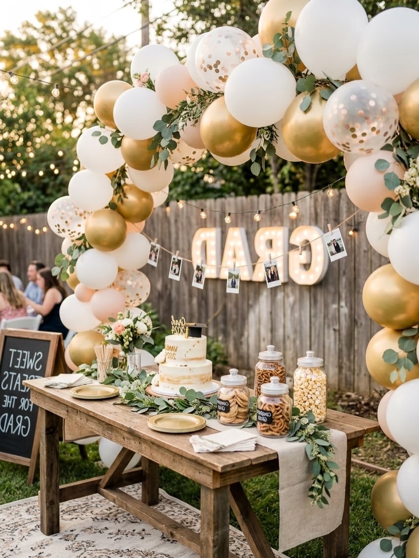 Chic balloon arch decor for graduation celebrations