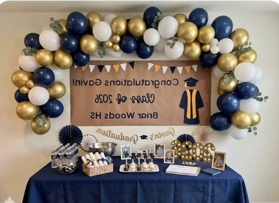 Festive balloon arch with graduation theme