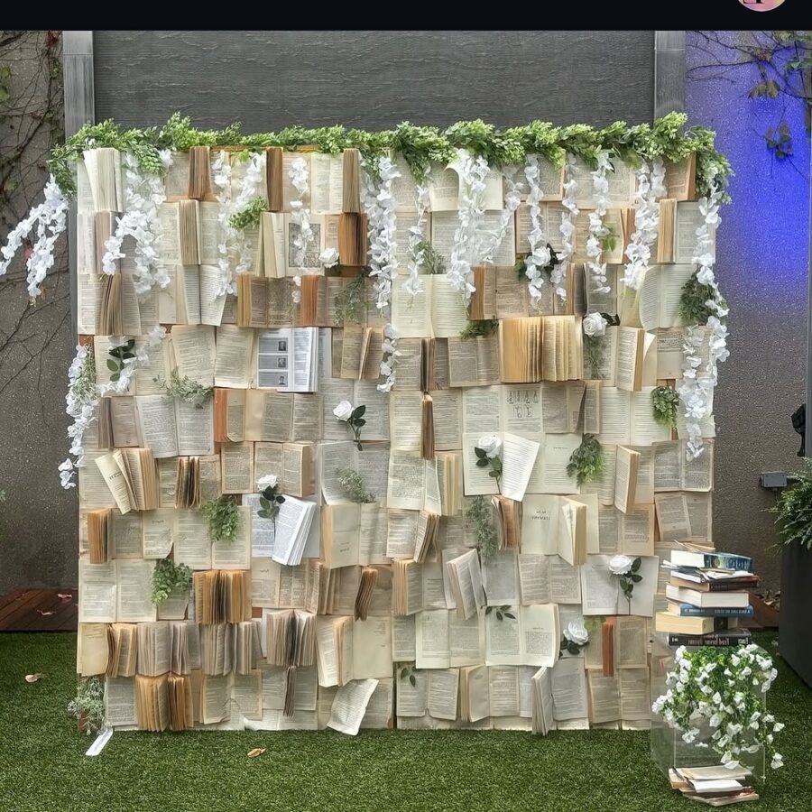 Charming book wall for graduation celebrations