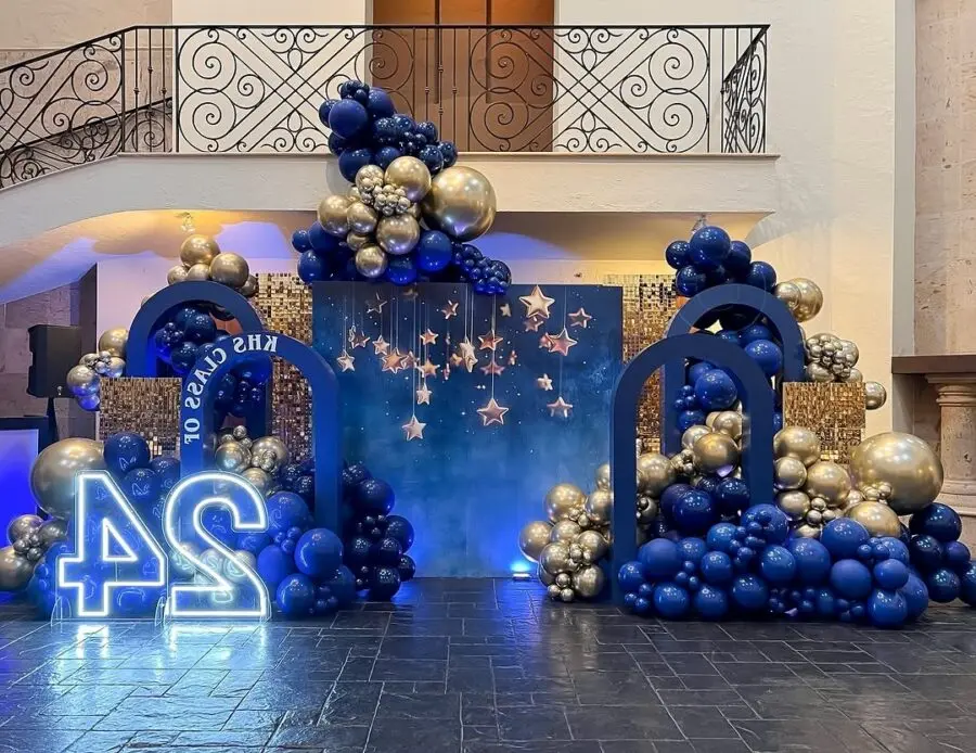 Stylish graduation party decor with balloons and stars