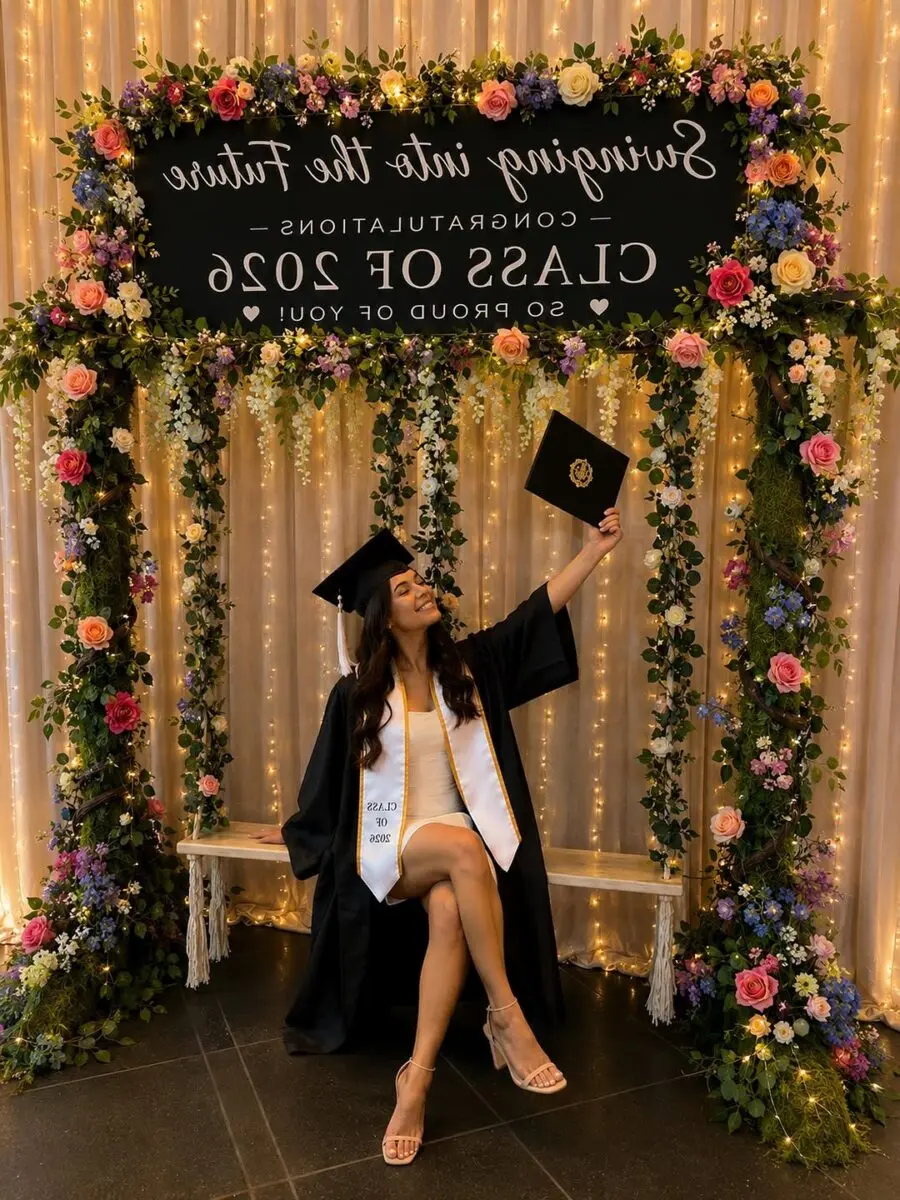 Floral archway centerpiece for graduation celebration