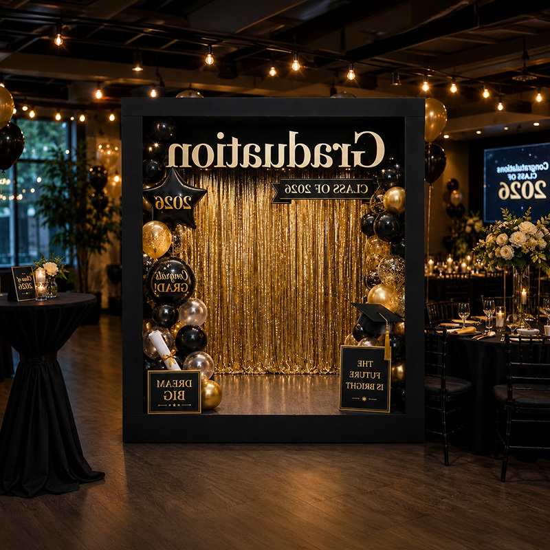 Elegant black and gold graduation photo backdrop