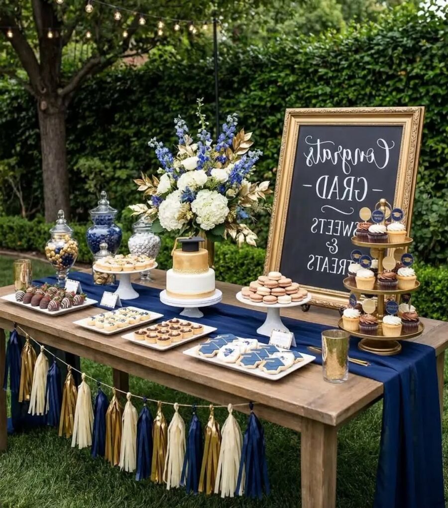 Elegant outdoor graduation dessert table decor