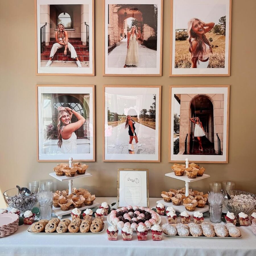 Charming dessert table with personalized photo gallery