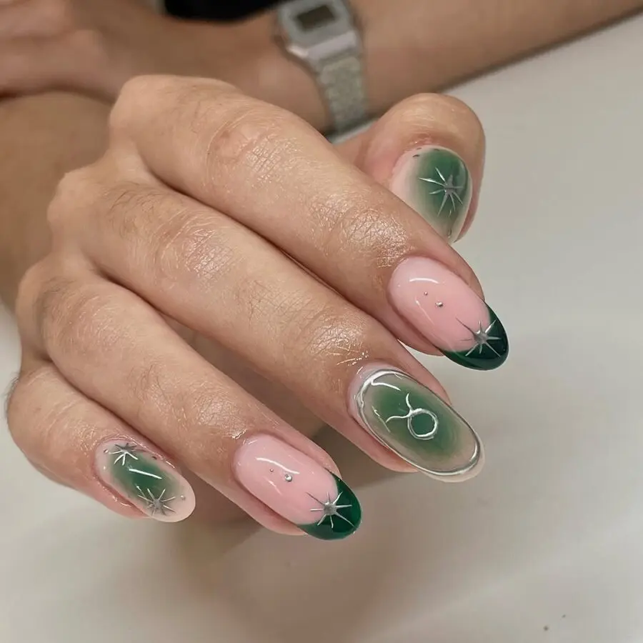 Chic Green and Pink Zodiac Nail Design
