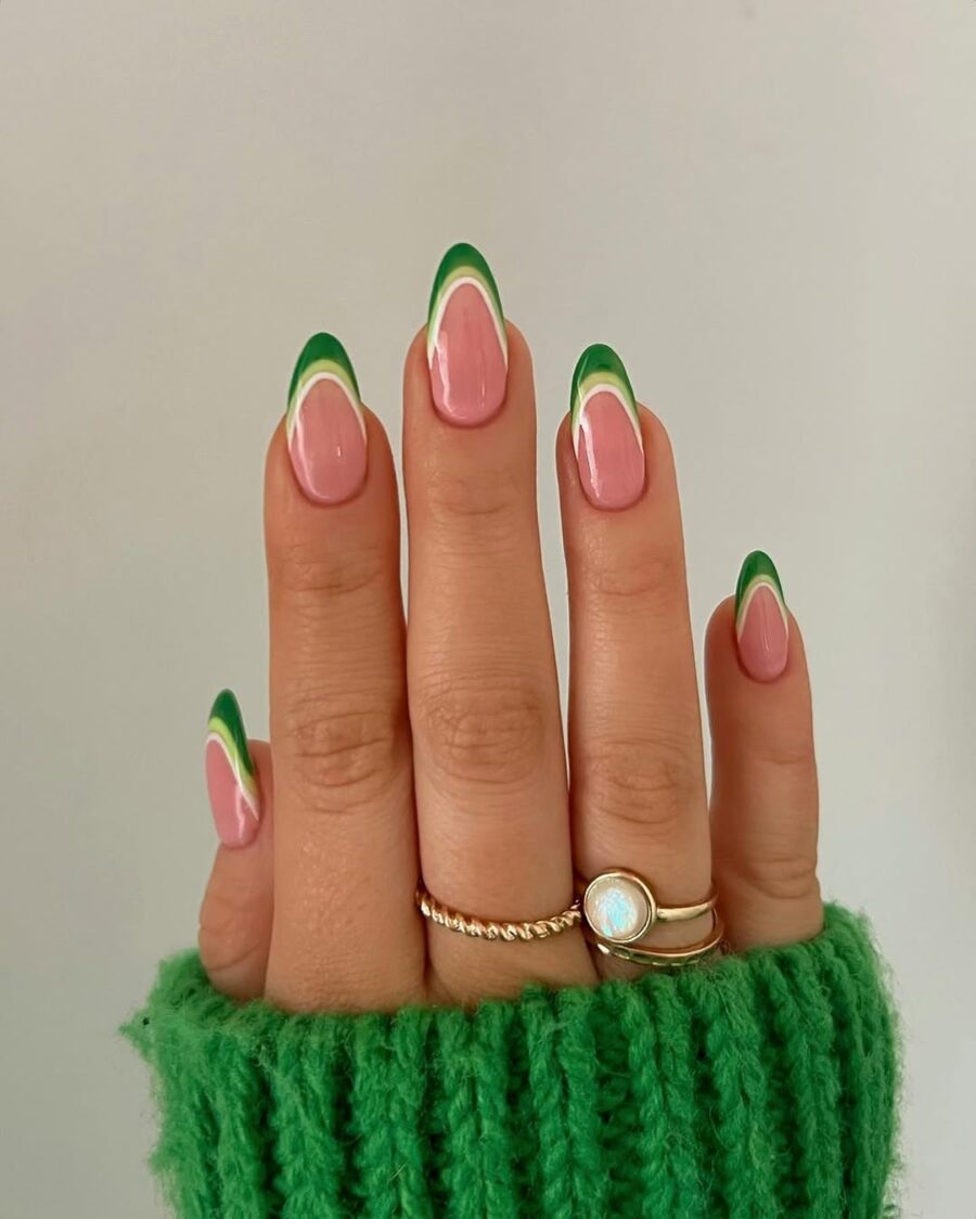 Stylish Green French Tip Nails with Pink Base