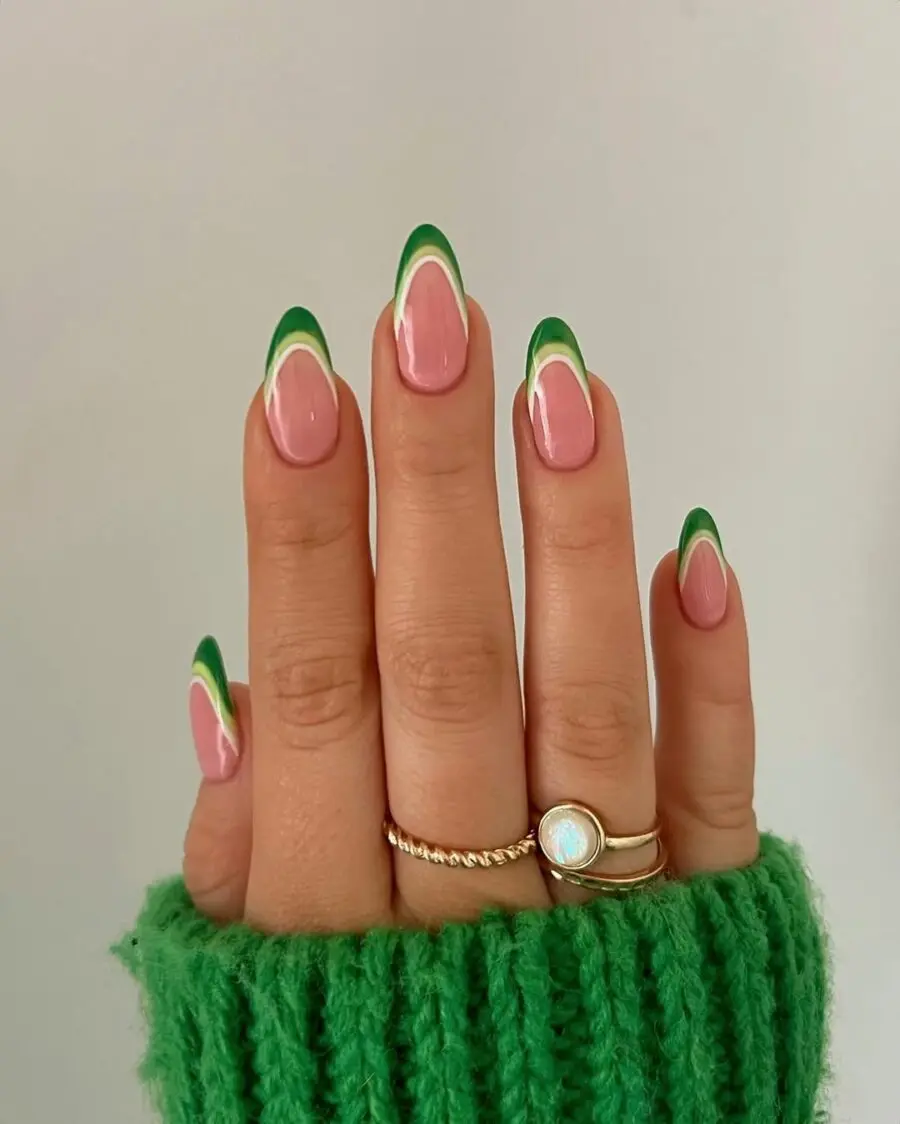 Stylish Green French Tip Nails with Pink Base