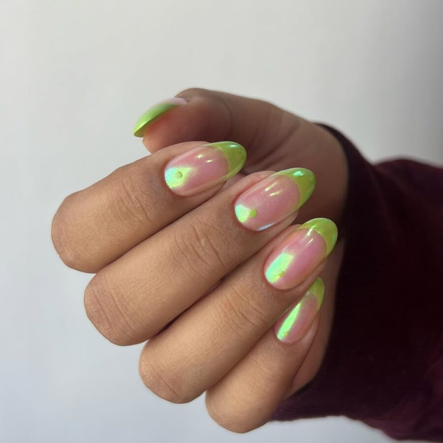Shiny Green French Tip Nails for a Fresh Look