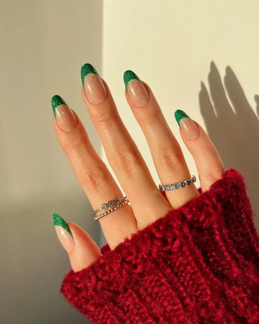 Chic green glitter French tip nails