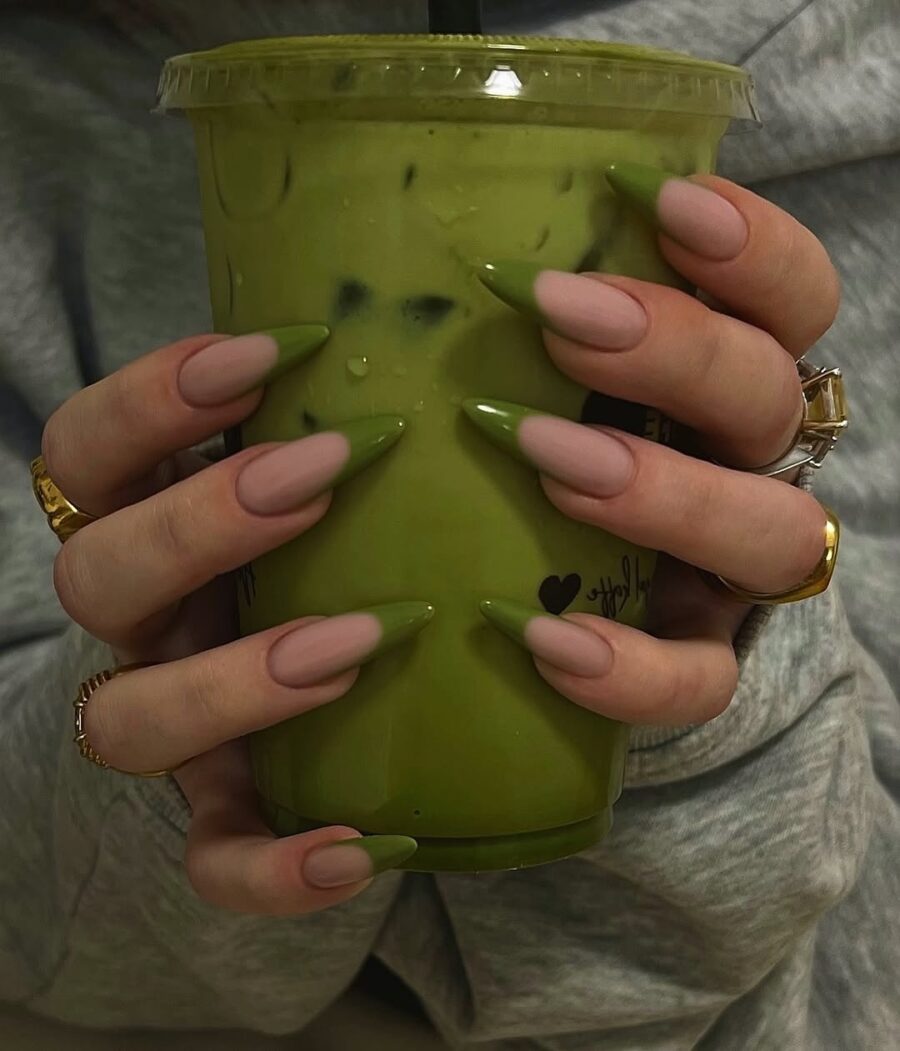 Stylish Green French Tips on Long Nails