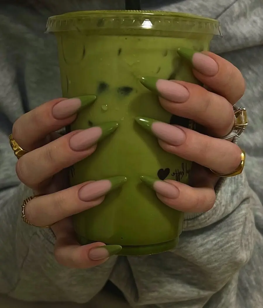Stylish Green French Tips on Long Nails