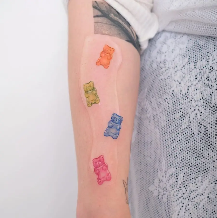 Vibrant gummy bear tattoos for playful vibes