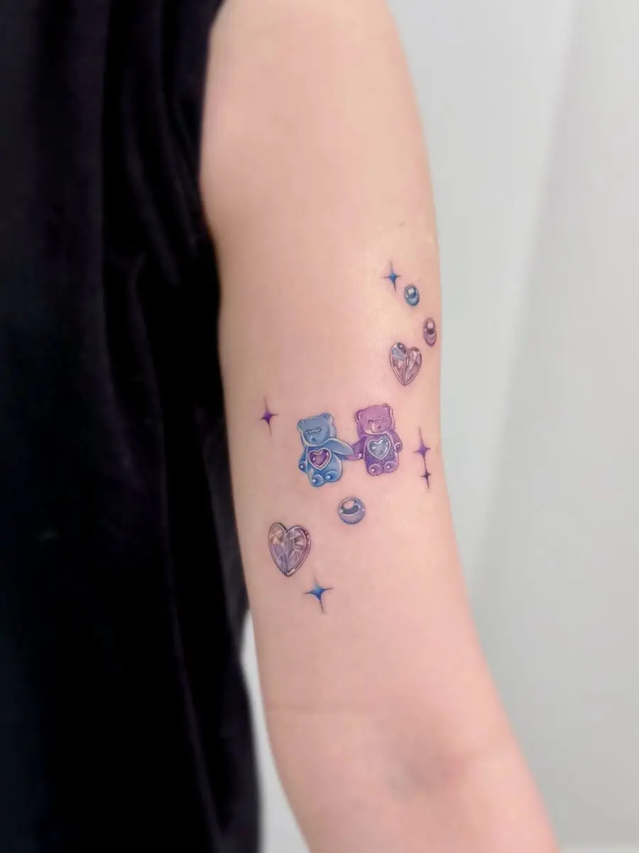 Vibrant gummy bear tattoo with playful elements