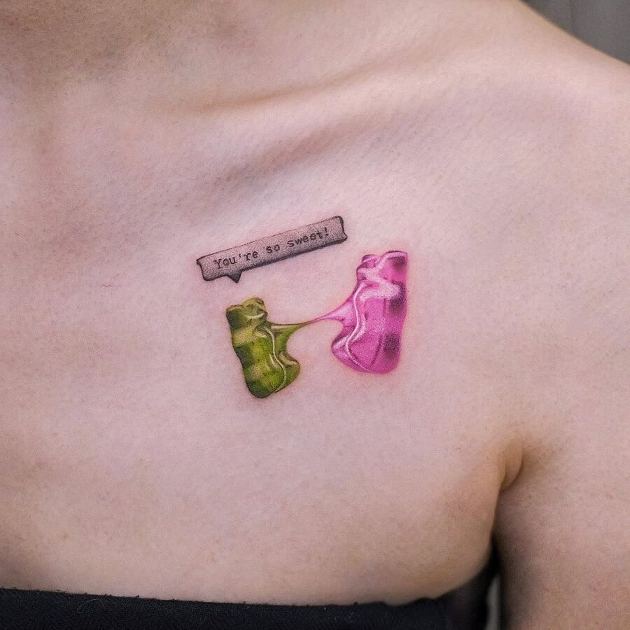 Adorable gummy bear tattoo with sweet message