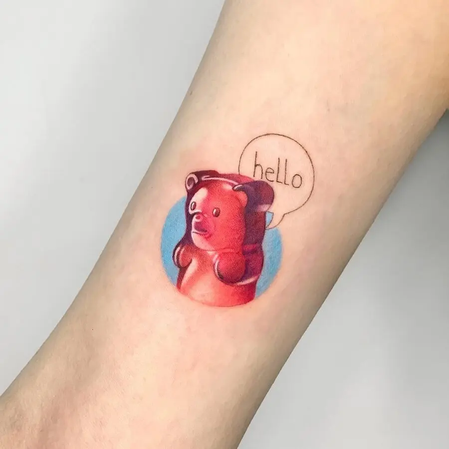 Whimsical gummy bear tattoo radiating charm