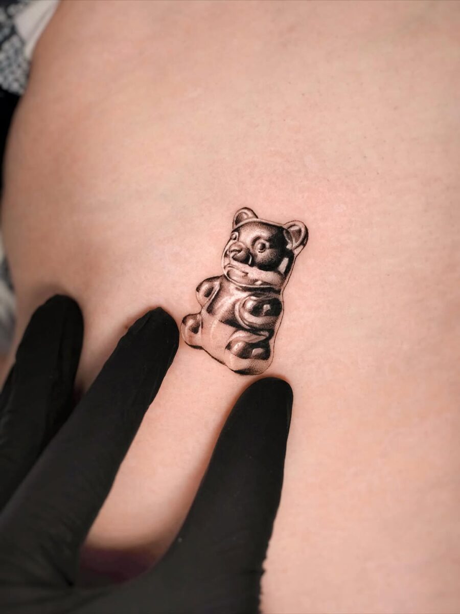 Realistic Gummy Bear Tattoo in Black Ink