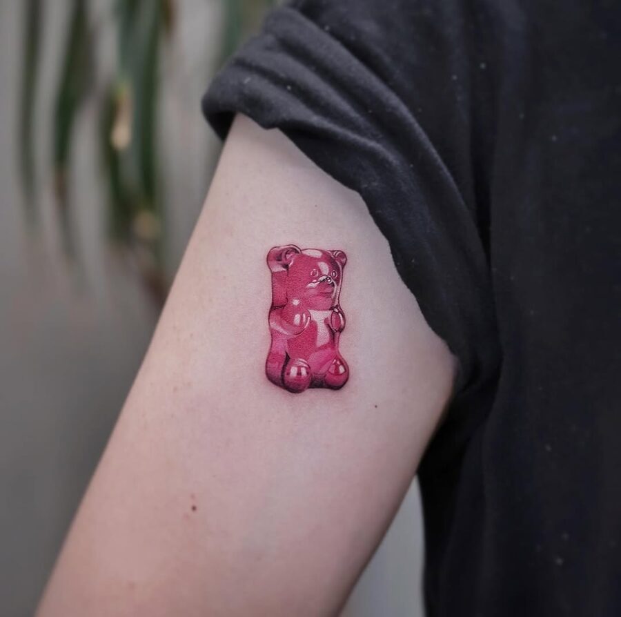 Vibrant gummy bear tattoo embodying fun vibes