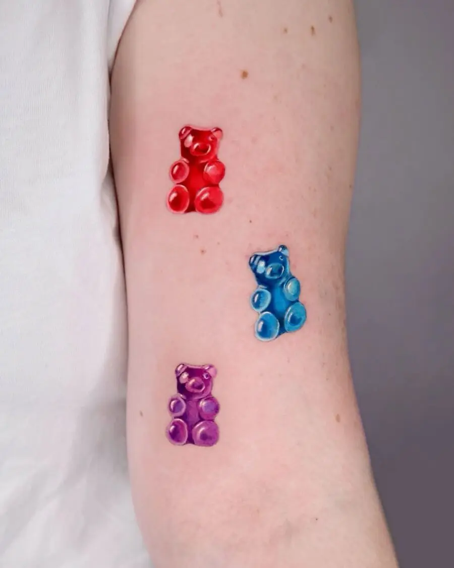 Colorful gummy bear tattoos for playful vibes