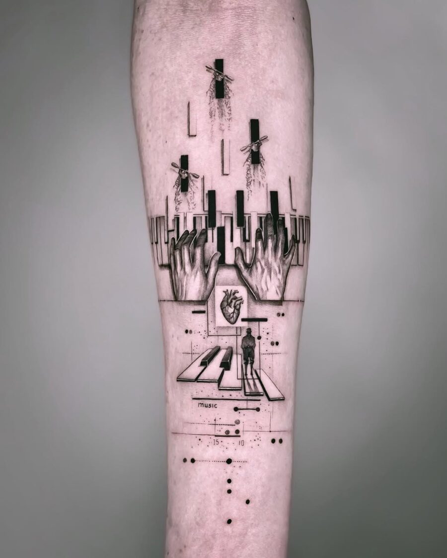 Intricate piano tattoo blending art and emotion