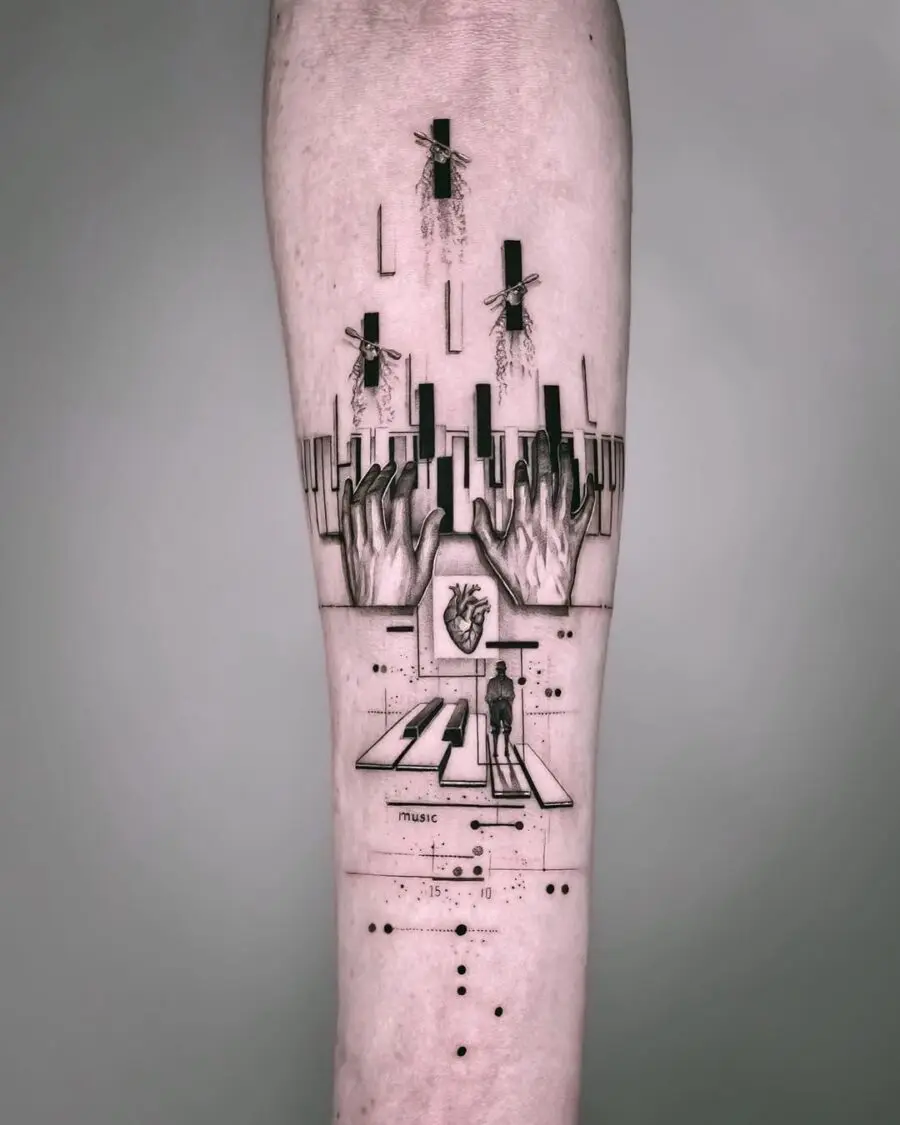 Intricate piano tattoo blending art and emotion