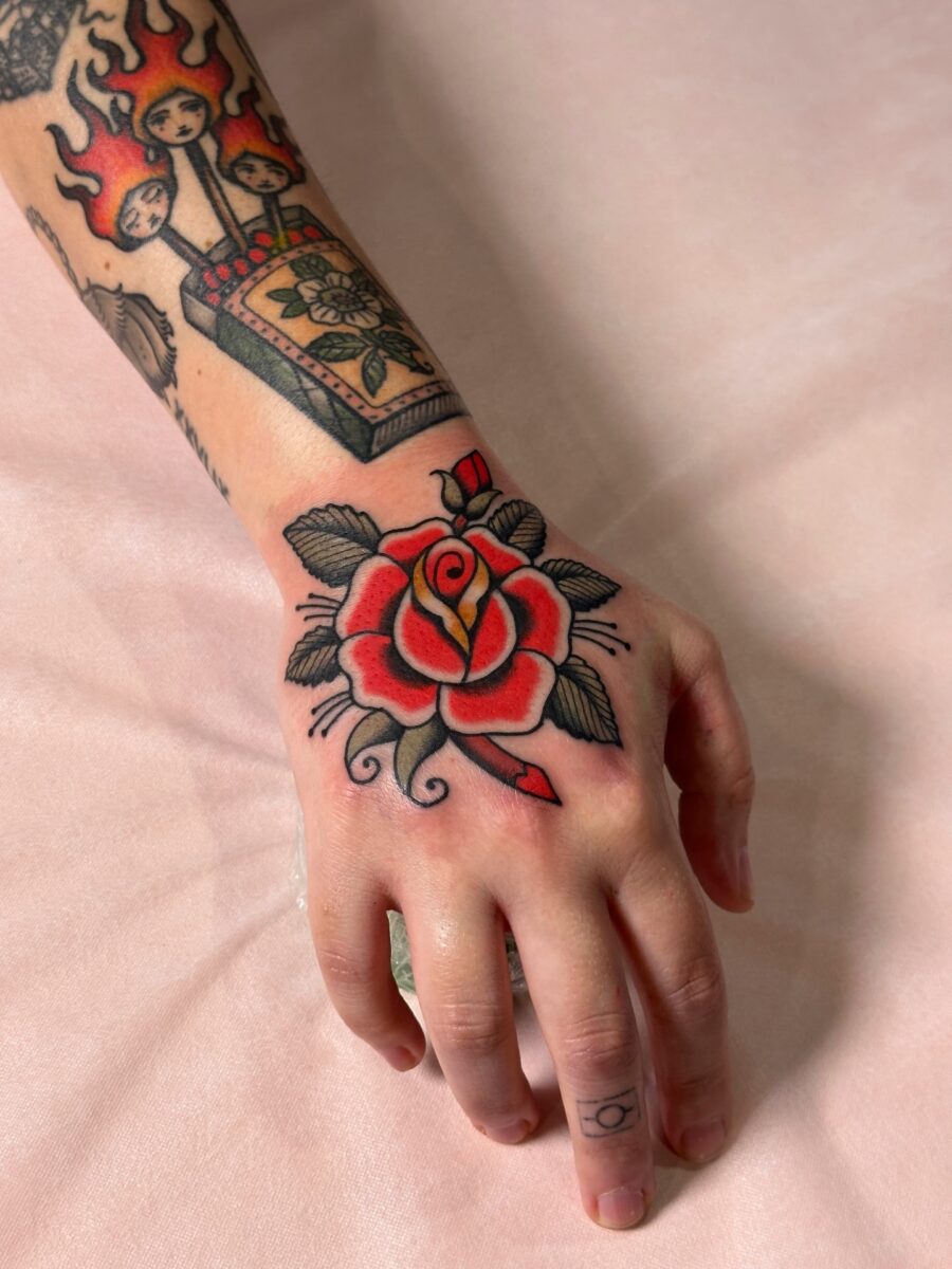 Vibrant red rose in classic Americana style